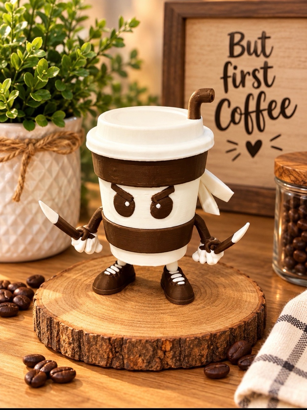 White and Brown Ninja Coffee Cup Figurine - Decorative Home Kitchen Accent